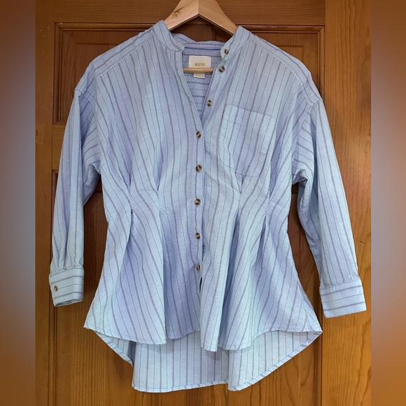 Anthropologie Maeve Benna Top - Blue Pin Stripe Peplum Button Down Shirt - Picture 2 of 10